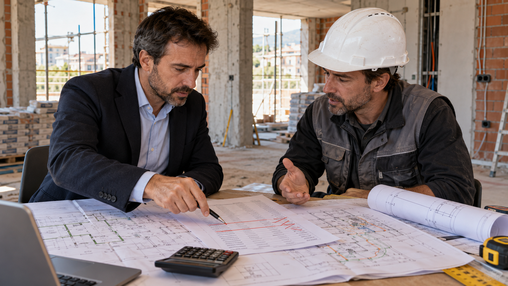 Promotor y constructor negocian el presupuesto en una reunión de obra