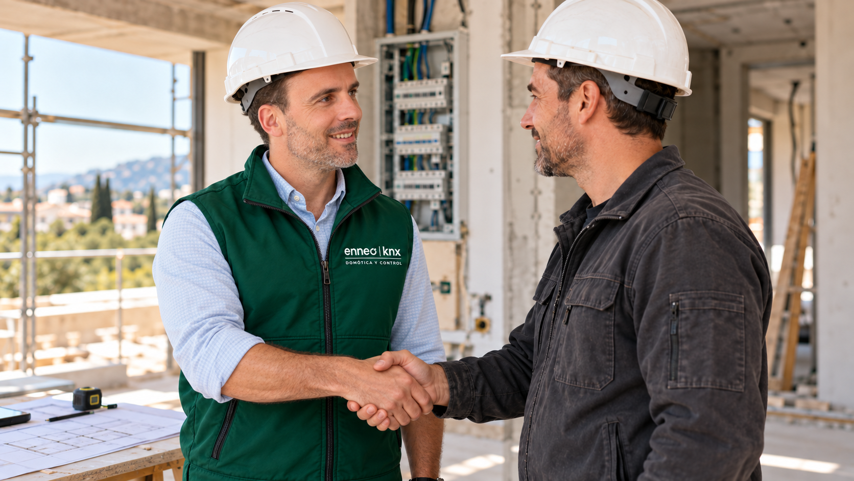 Ingeniero de Enneo KNX estrecha la mano del constructor
